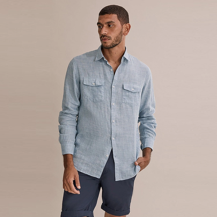 Organic Linen Men&prime; S Shirts Double Pocket Shirts for Men Sustainable Regular Fit Melange Linen Shirt Eco Friendly Camisas