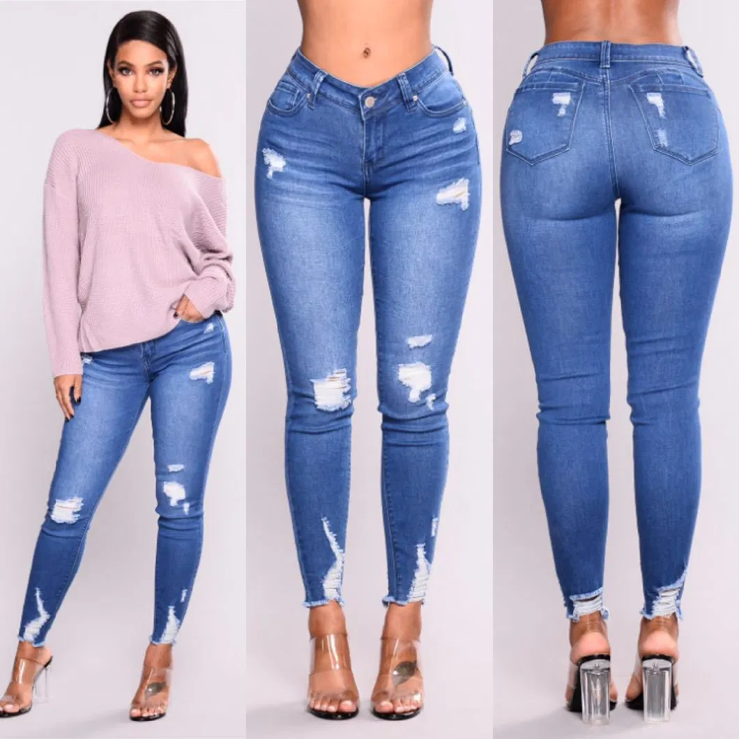 Women Elastic Ripped High-Waisted Jeans Hot Style Trousers