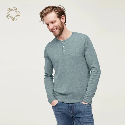 Organic Linen Henley Shirts Sustainable Henley Long Sleeve Eco Friendly T Shirt Henley Yarn Dyed Men′s T